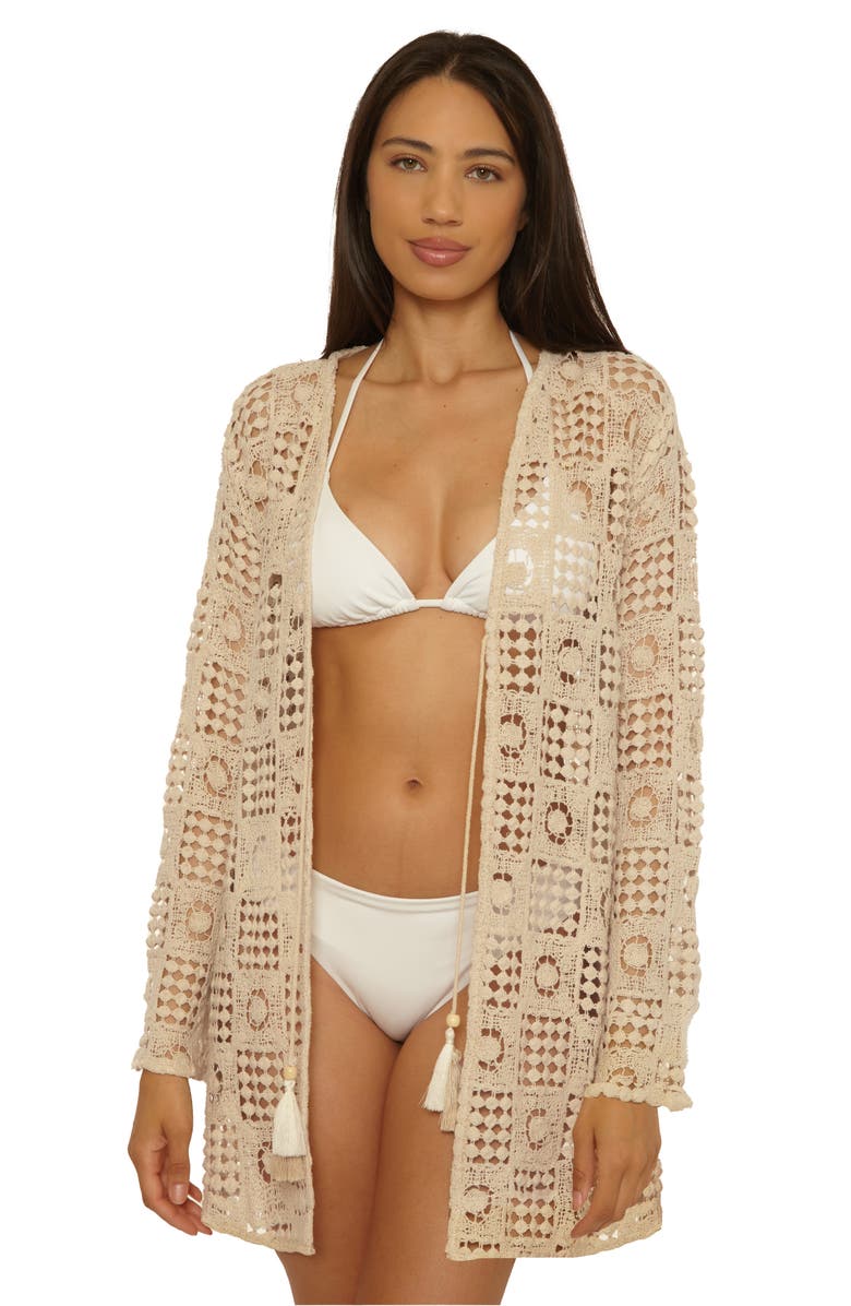 Lucky Brand Tulum Long Sleeve Open Stitch Cotton Cover-Up Tunic, Alternate, color, Natural