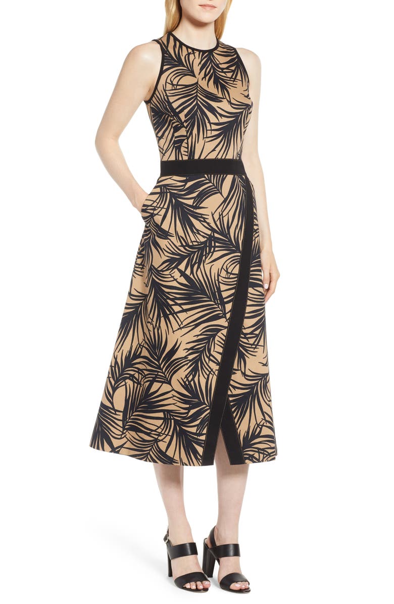 BOSS Denura Palm Frond Woven Midi Dress, Main, color, 
