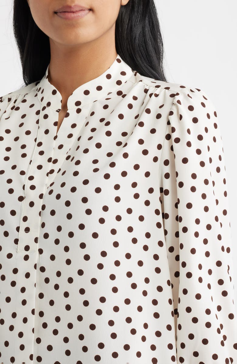 Anne Klein Polka Dot Split Neck Crêpe de Chine Top, Alternate, color, White Dove/ Chocolate
