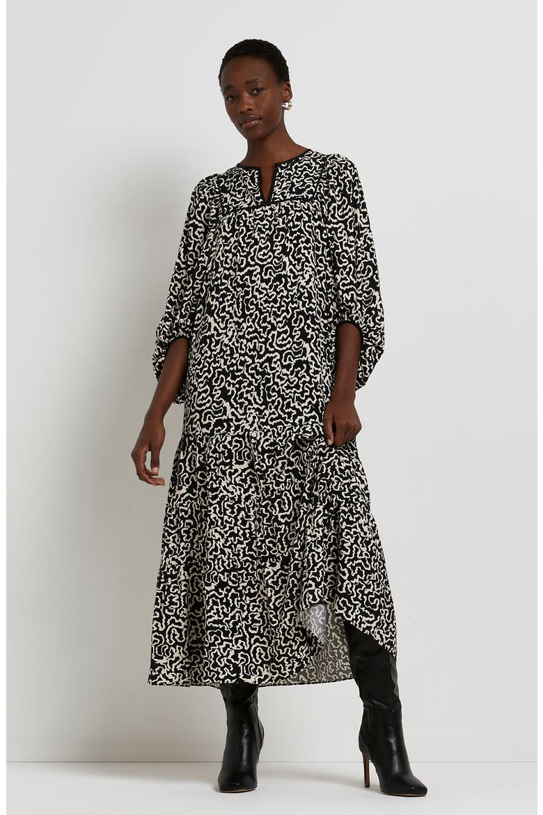 Squiggle Balloon Sleeve Midi Dress, Alternate, color, BLACK