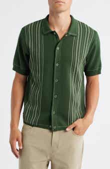 Percival Accolades Embroidered Stripe Short Sleeve Knit Cotton Snap-Up Shirt