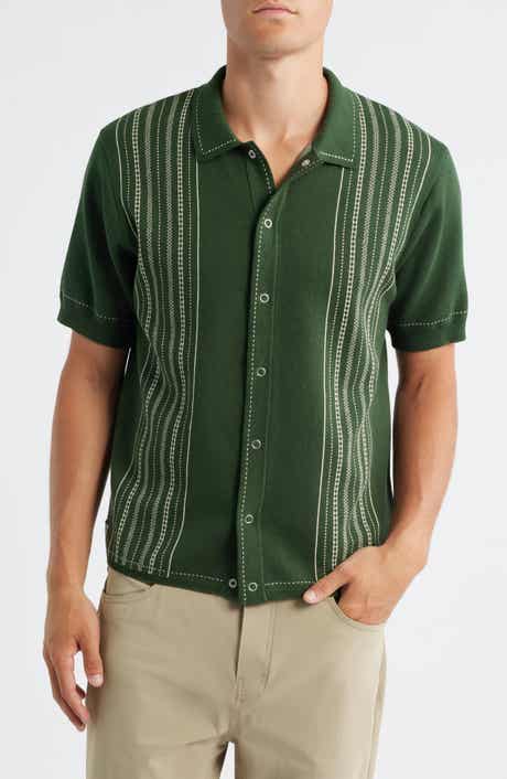Percival Accolades Embroidered Stripe Short Sleeve Knit Cotton Snap-Up Shirt