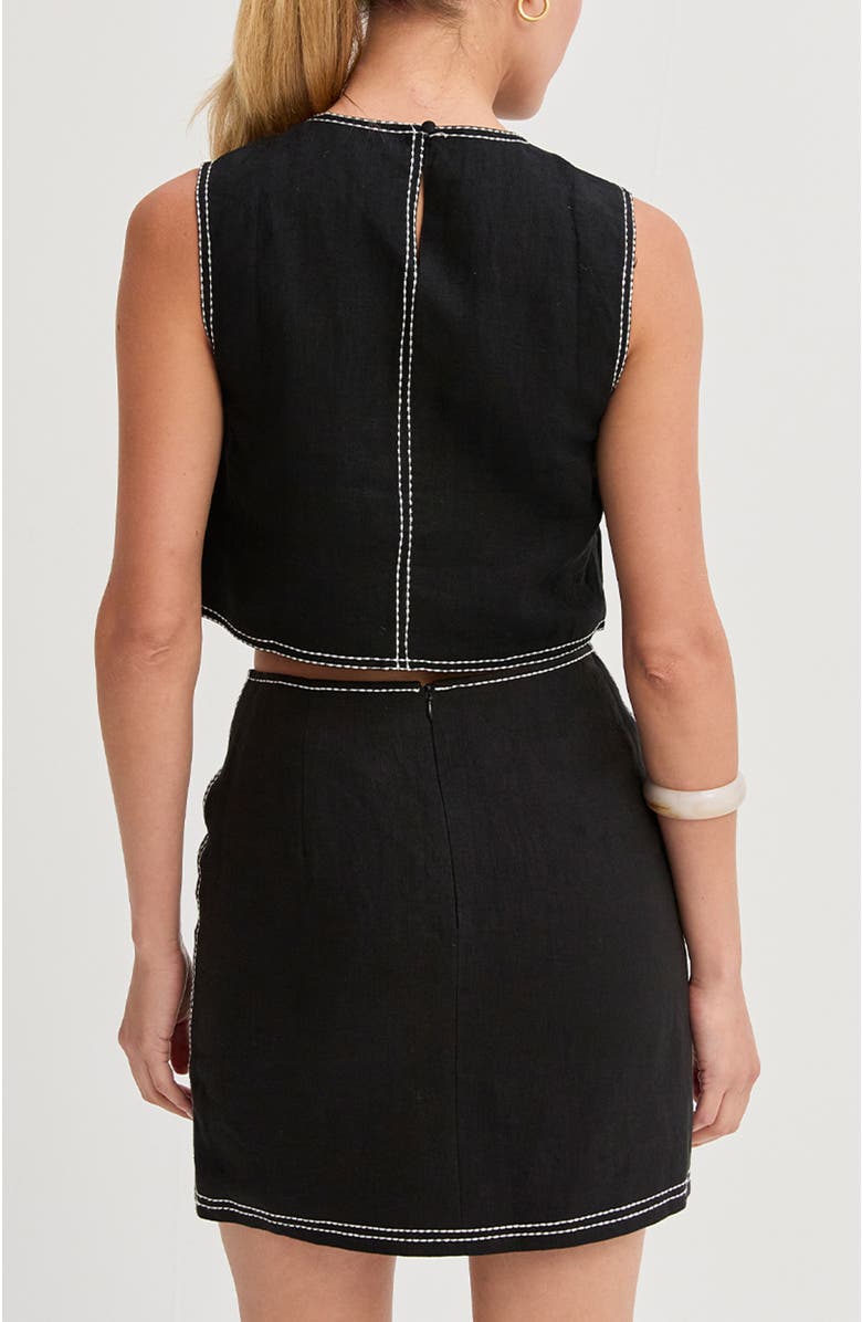 CRESCENT Embroidered Contrast Stitch  Linen Crop Top, Alternate, color, Black