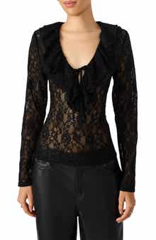 Steve Madden Elvie Sheer Lace Long Sleeve Top