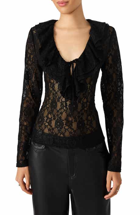Steve Madden Elvie Sheer Lace Long Sleeve Top