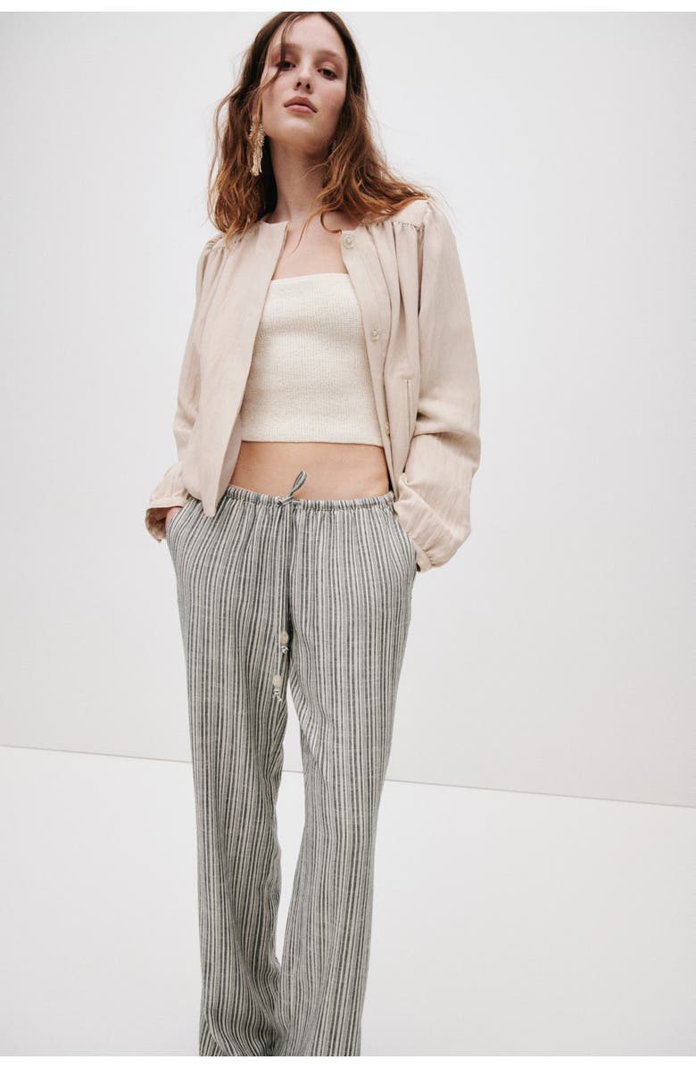 H&M Linen-blend Drawstring Trousers, Alternate, color, Black/Striped