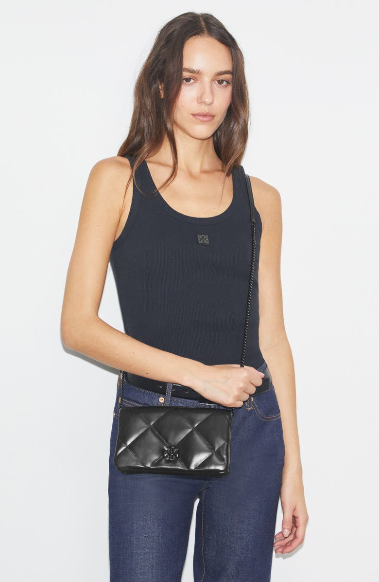 Tory Burch Kira Diamond Quilted Wallet on a Chain, Alternate, color, Black