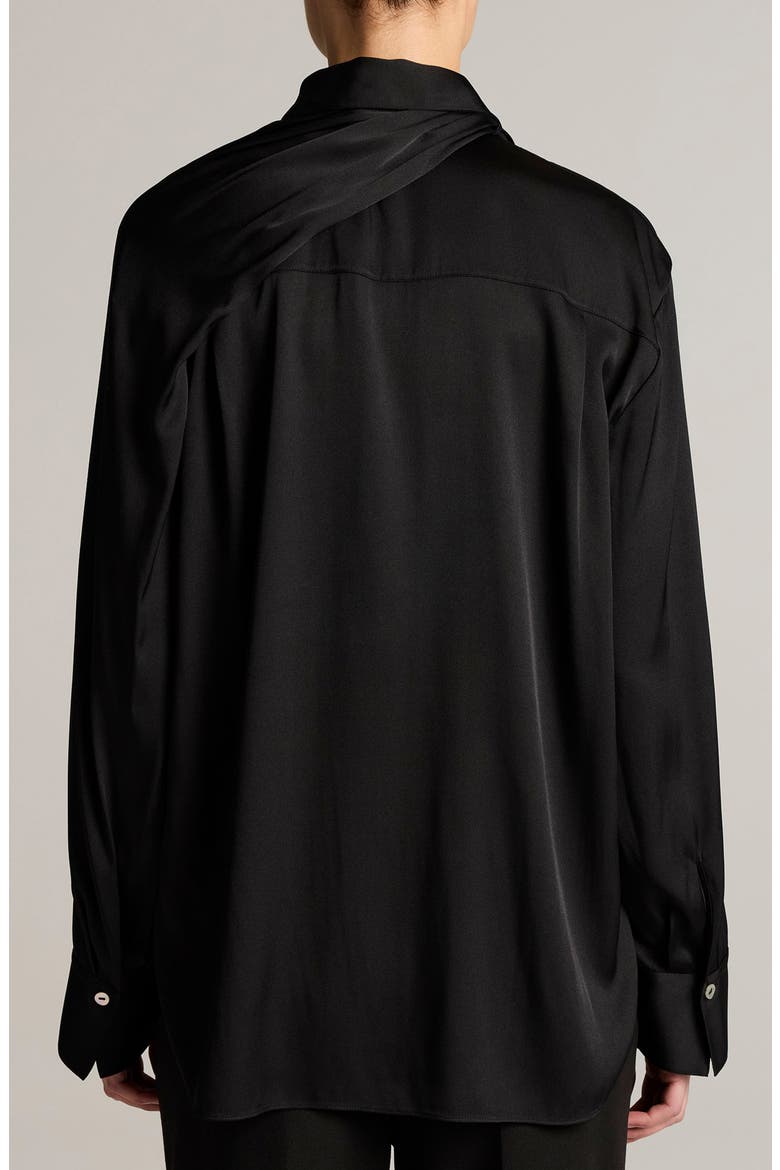 Scarf Detail Silk Blend Button-Up Shirt, Alternate, color, BLACK