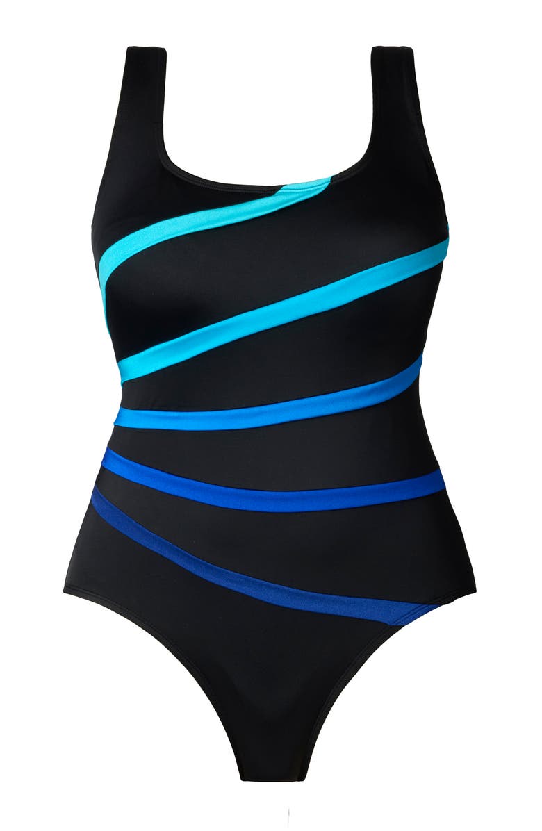Longitude Folded Band Fan Tank Long Torso One-Piece Swimsuit, Alternate, color, Blue