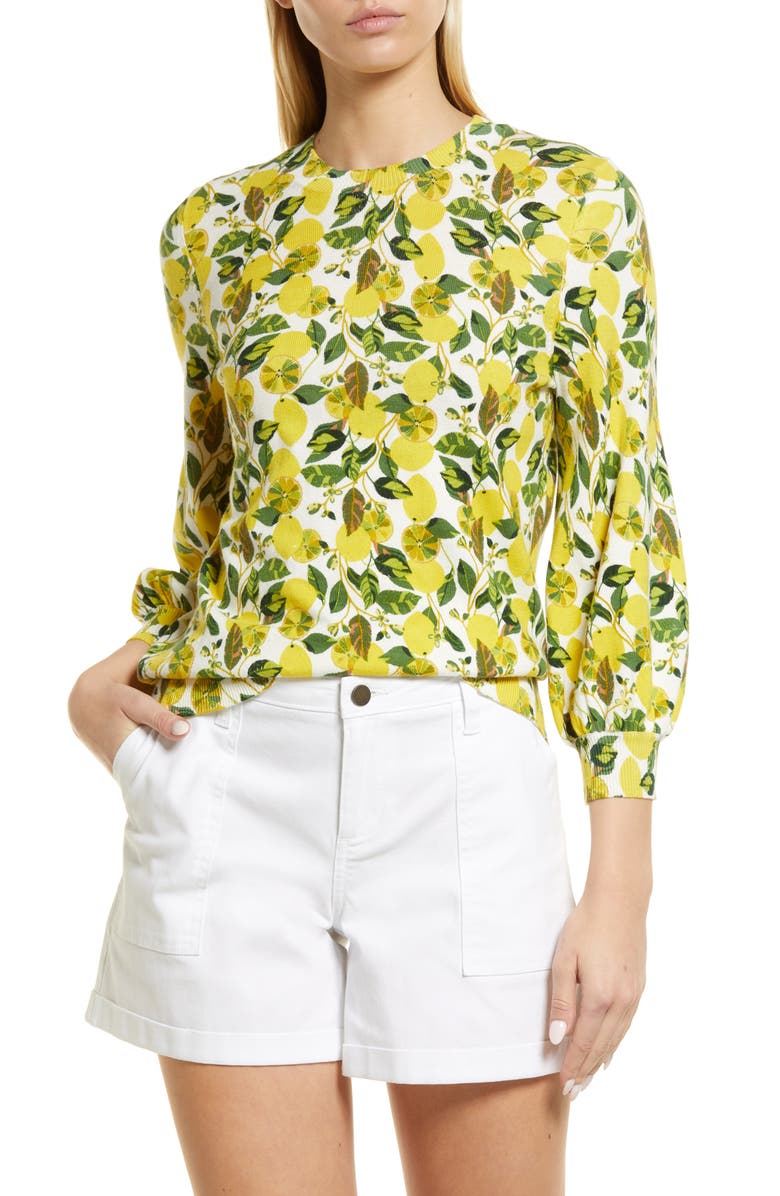 Boden Lemon Print Cotton Crewneck Sweater, Main, color, 