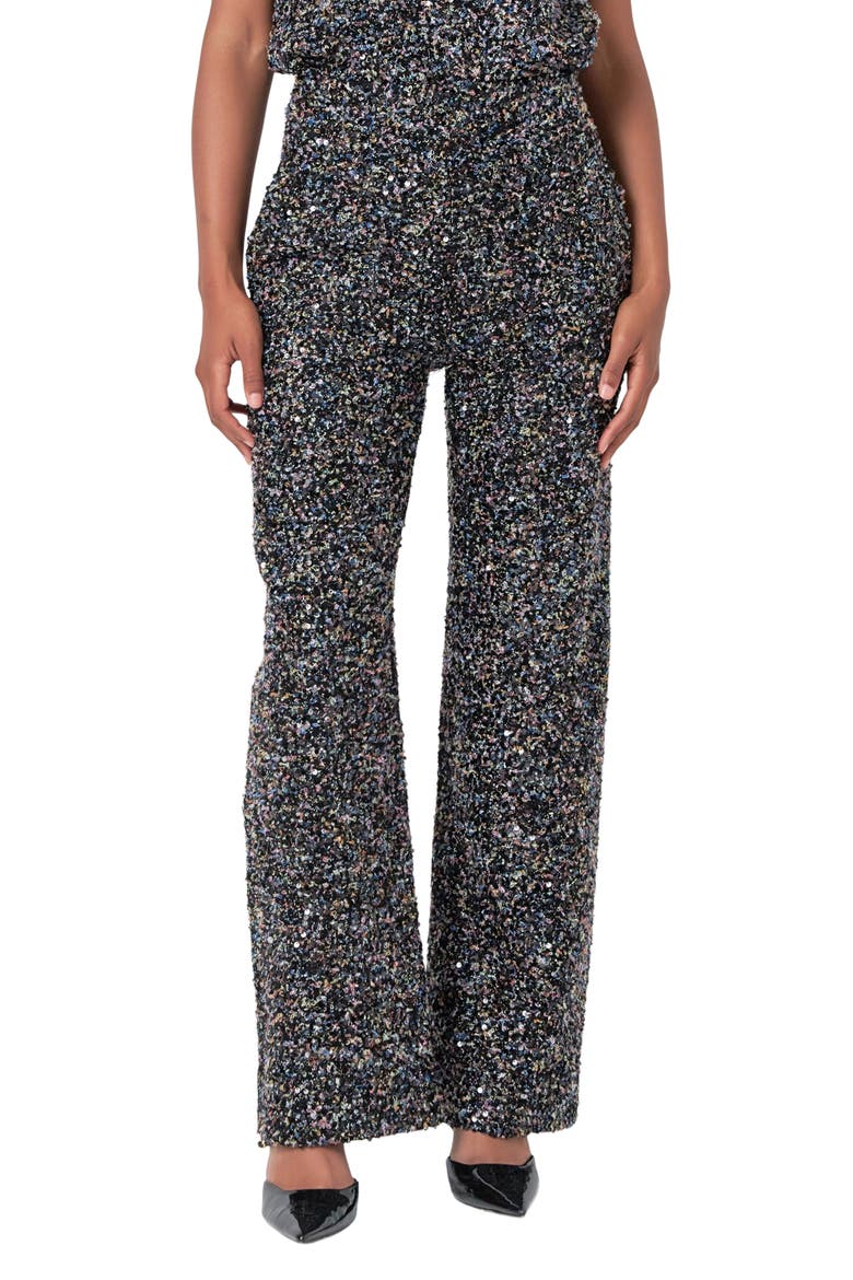 High Waist Wide Leg Bouclé Tweed Pants, Main, color, BLACK MULTI