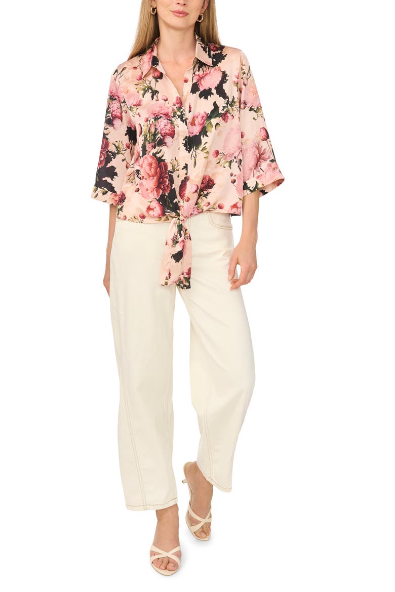 Floral Tie Front Top, Alternate, color, CREAM TAN