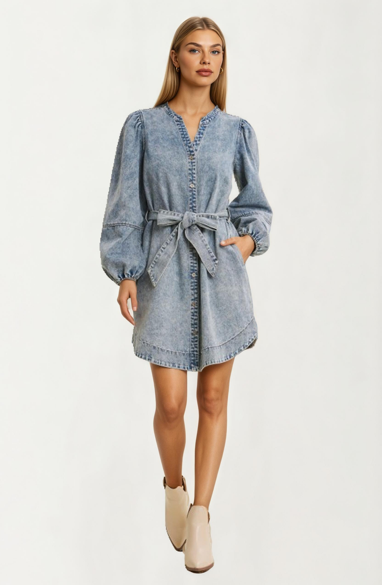 Knit and Lounge Puff Shoulder Tie Waist Long Sleeve Denim Mini Dress, Alternate, color, 