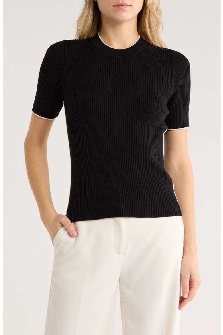 Mozza Short Sleeve Cotton Rib Sweater, Main, color, BLACK-CLASSIC CREAM