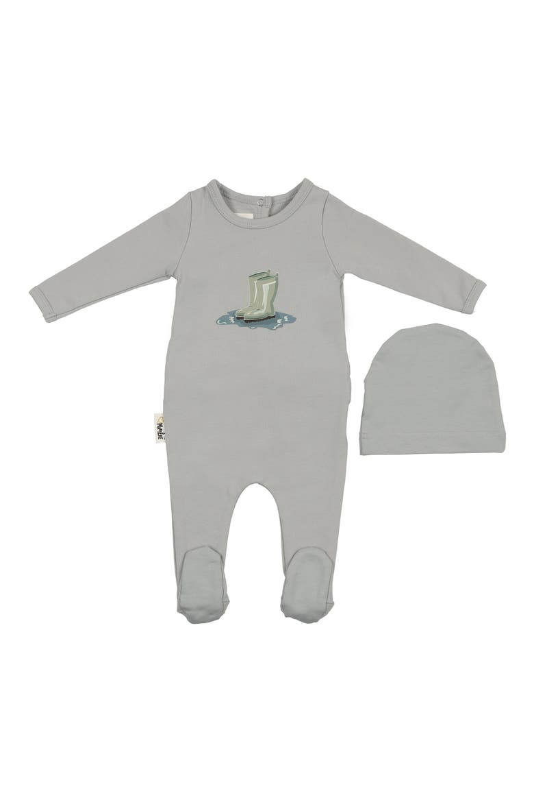 Rain Boot Print Footie & Hat Set, Main, color, BLUE