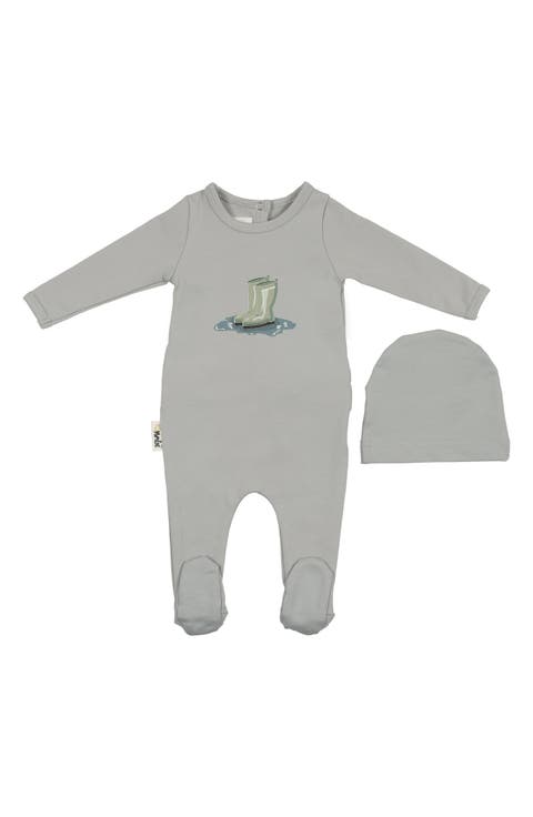 Rain Boot Print Footie & Hat Set (Baby)