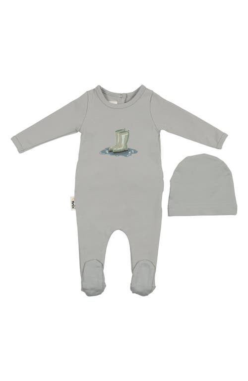 Maniere Manière Rain Boot Print Footie & Hat Set In Gray