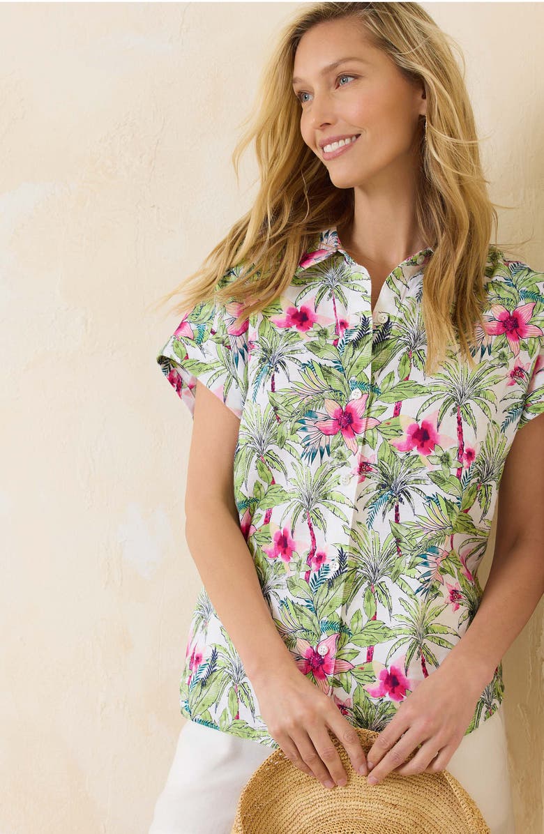 Tommy Bahama Coastal Palms Floral Short Sleeve Linen Button-Up Shirt, Alternate, color,