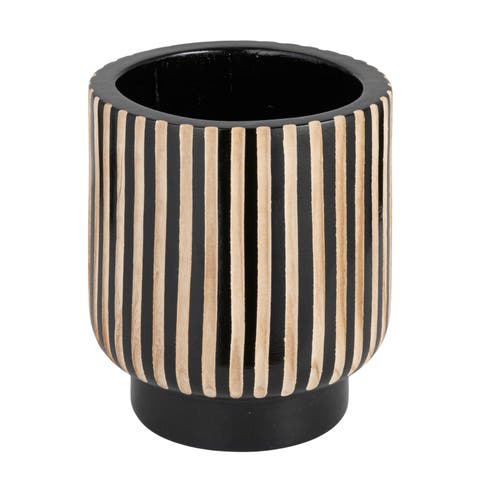 Hand-Carved Wood Planter with Stripes, Black Finish