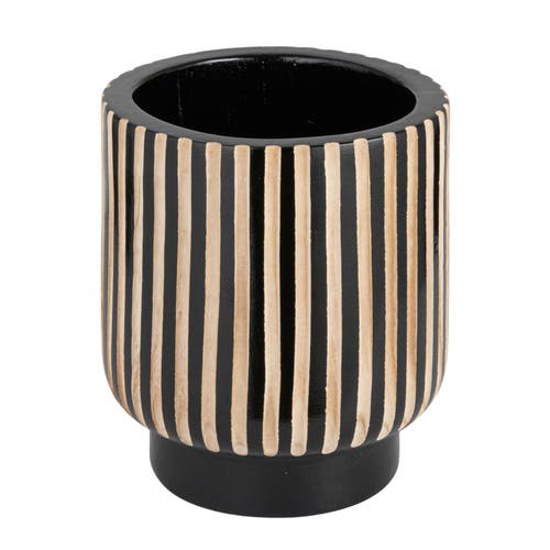 Storied Home Hand-carved Wood Planter With Stripes, Black Finish In Black