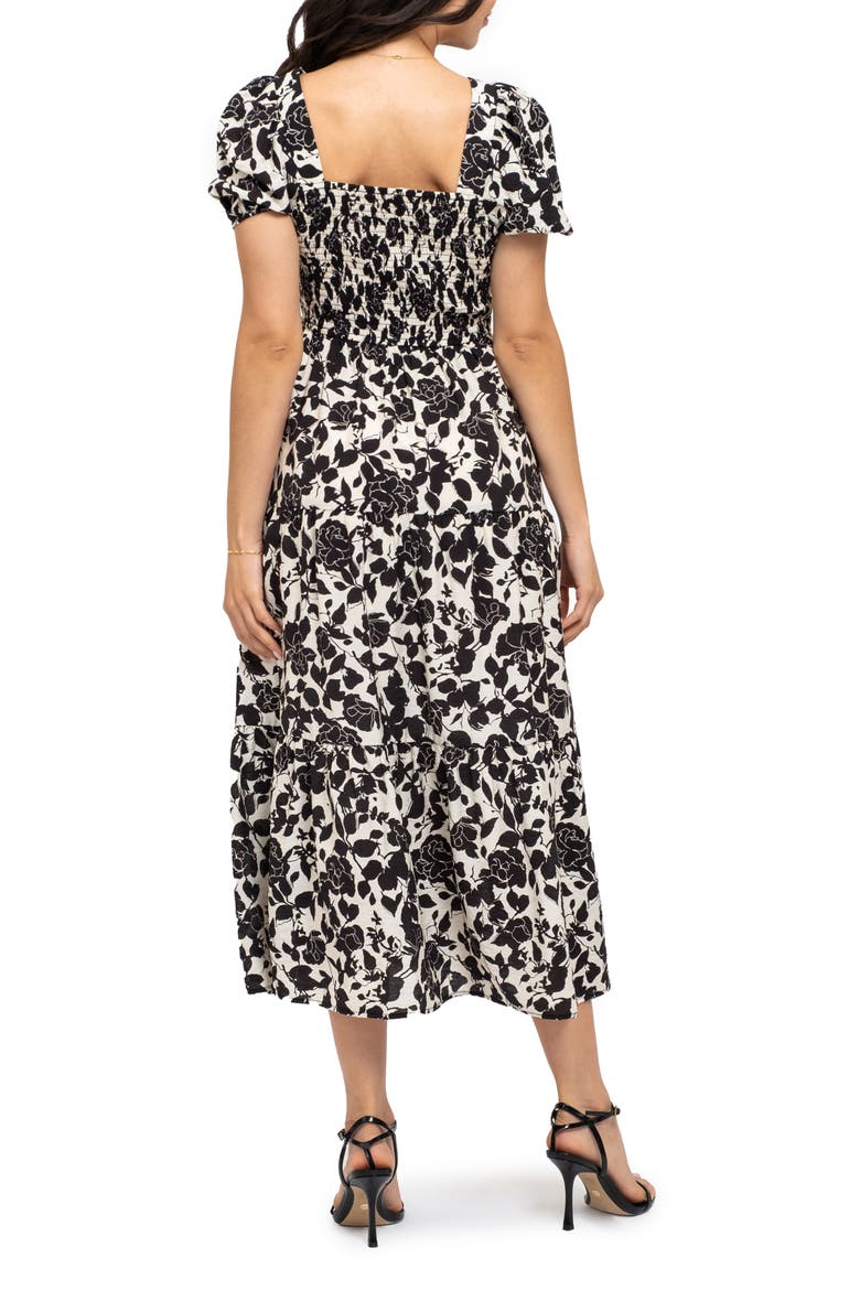 Floral Puff Sleeve Smocked Midi Dress, Alternate, color, BLACK MULTI
