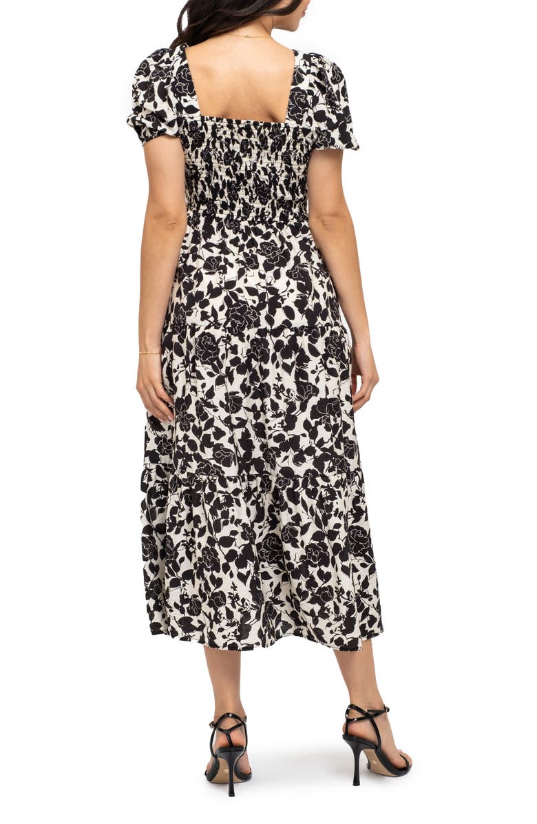 AUGUST SKY Puff Sleeve Smocked Midi Dress, Alternate, color, Black Multi