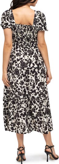 Floral Puff Sleeve Smocked Midi Dress