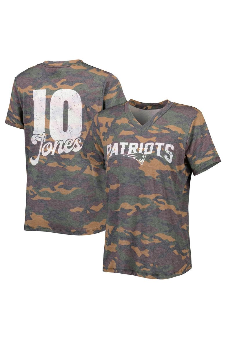 Women's Majestic Threads Mac Jones Camo New England Patriots Name & Number V-Neck T-Shirt, Main, color, Camo