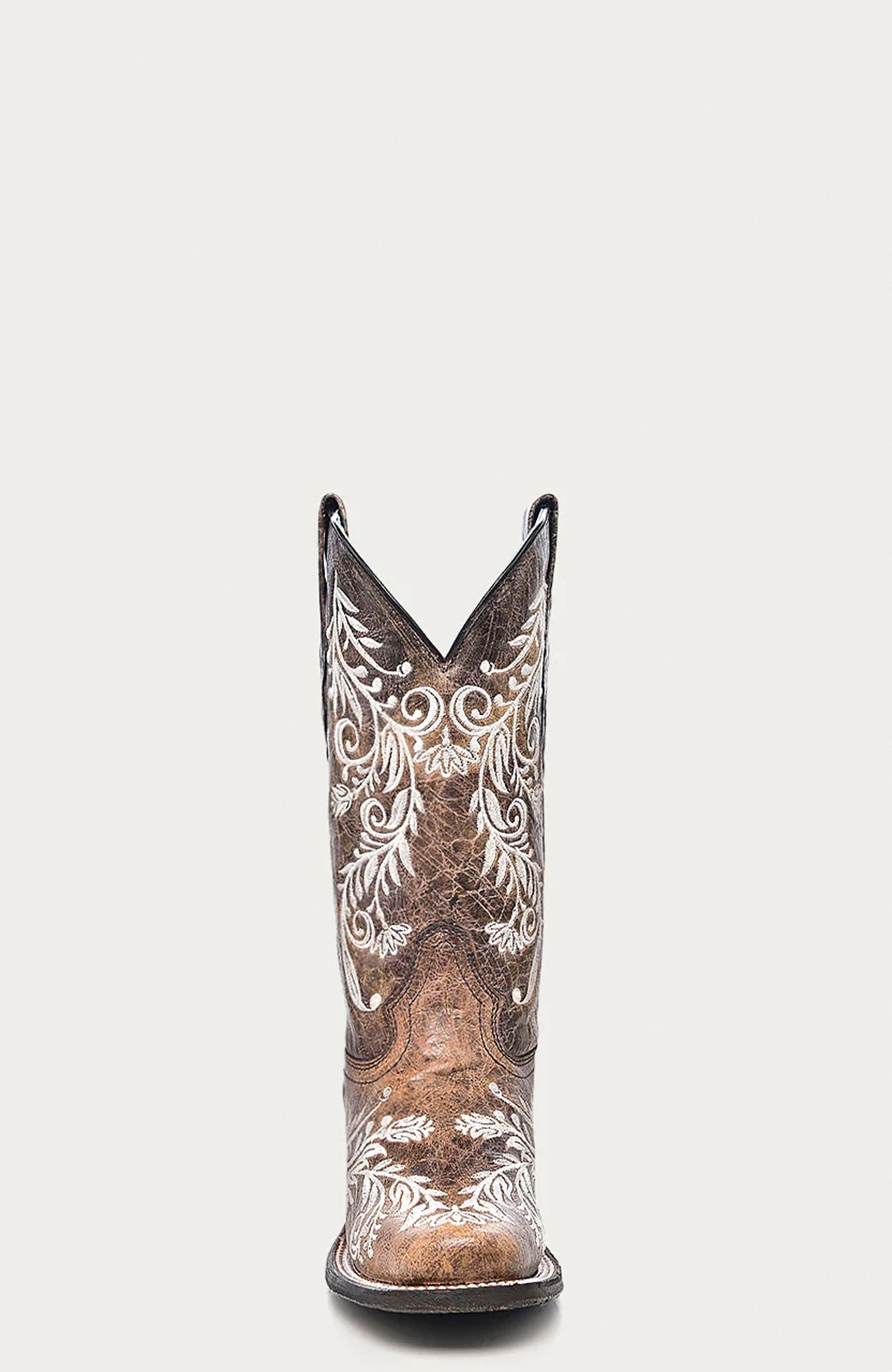 Cowhide Embroidered Square Toe Western Boots, Alternate, color, Brown/White