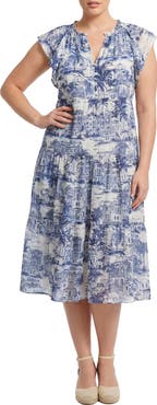 London Times Flutter Sleeve Tiered Midi Dress