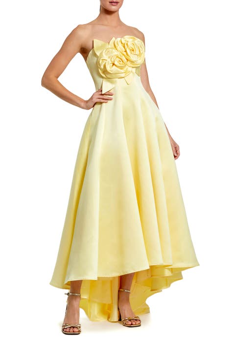 Strapless Satin High Low Gown With 3D Flowers