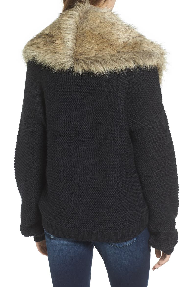 Faux Fur Collar Cardigan, Alternate, color, BLACK