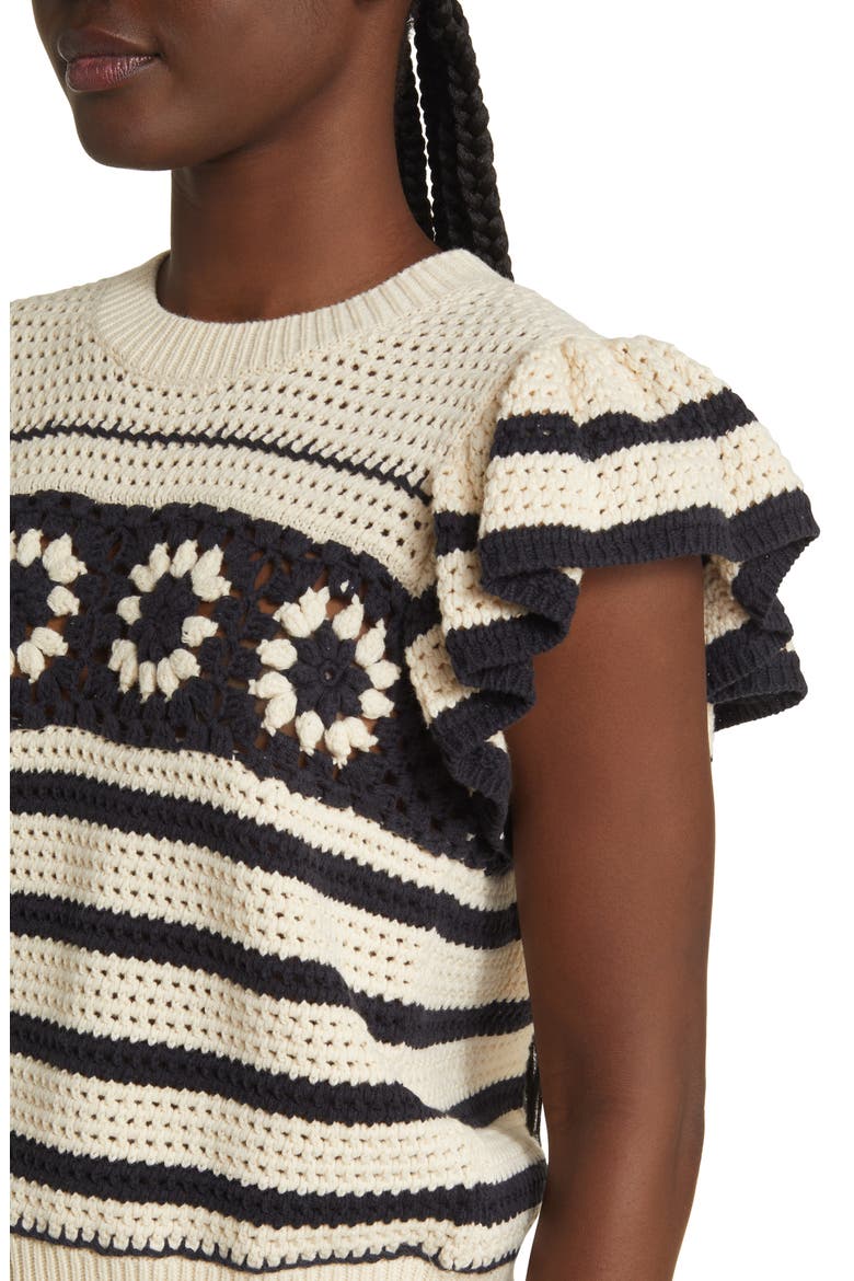 Penelope Short Sleeve Open Stitch Sweater, Alternate, color, OAT NAVY CROCHET STRIPE