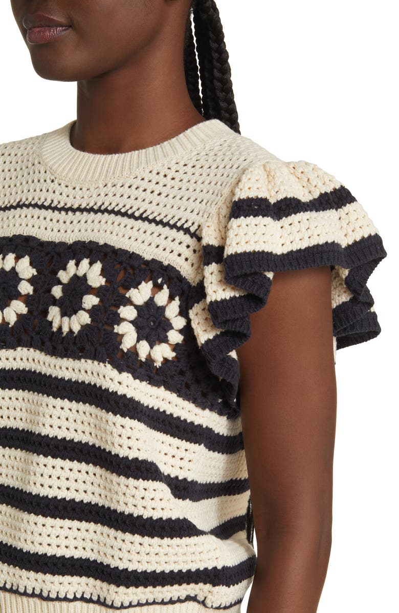 Rails Penelope Short Sleeve Open Stitch Sweater, Alternate, color, Oat Navy Crochet Stripe