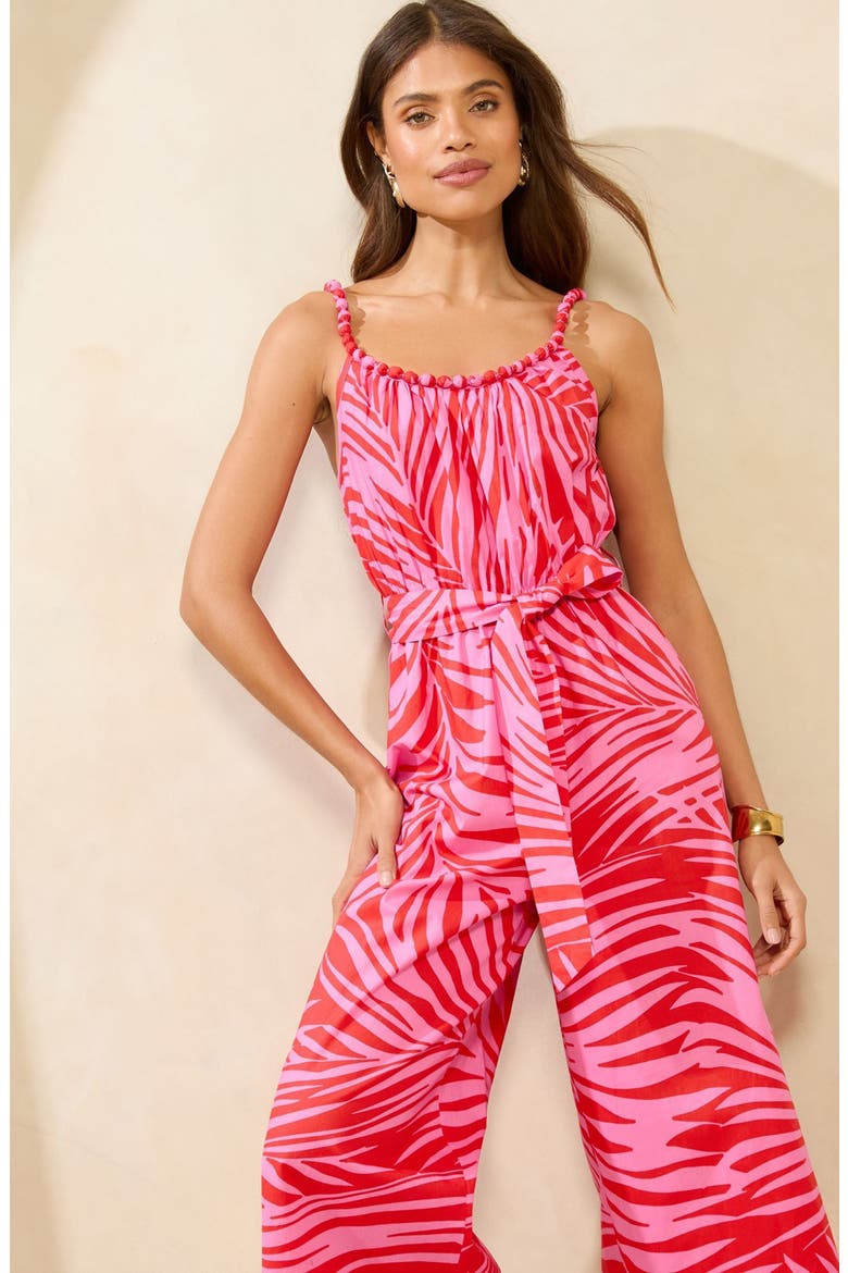 Printed Belted Cotton Romper, Alternate, color, PINK