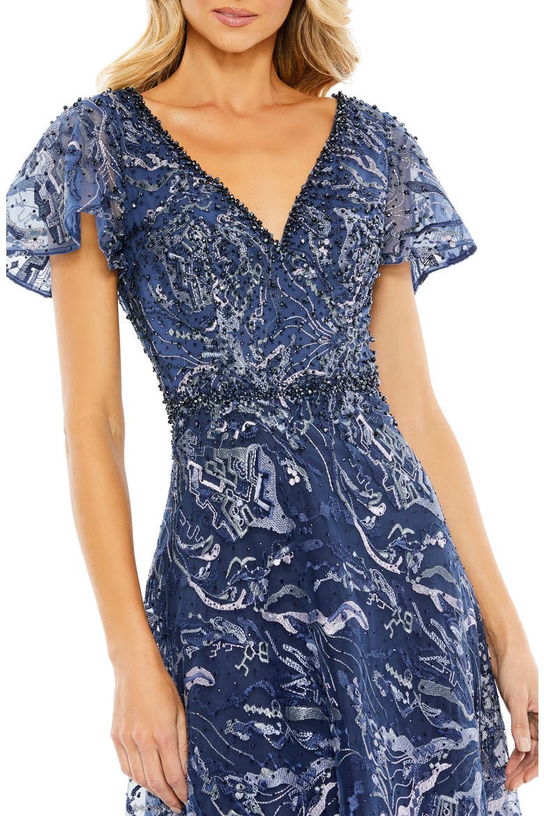 Embellished Illusion Butterfly Sleeve A-Line Gown, Alternate, color, NAVY