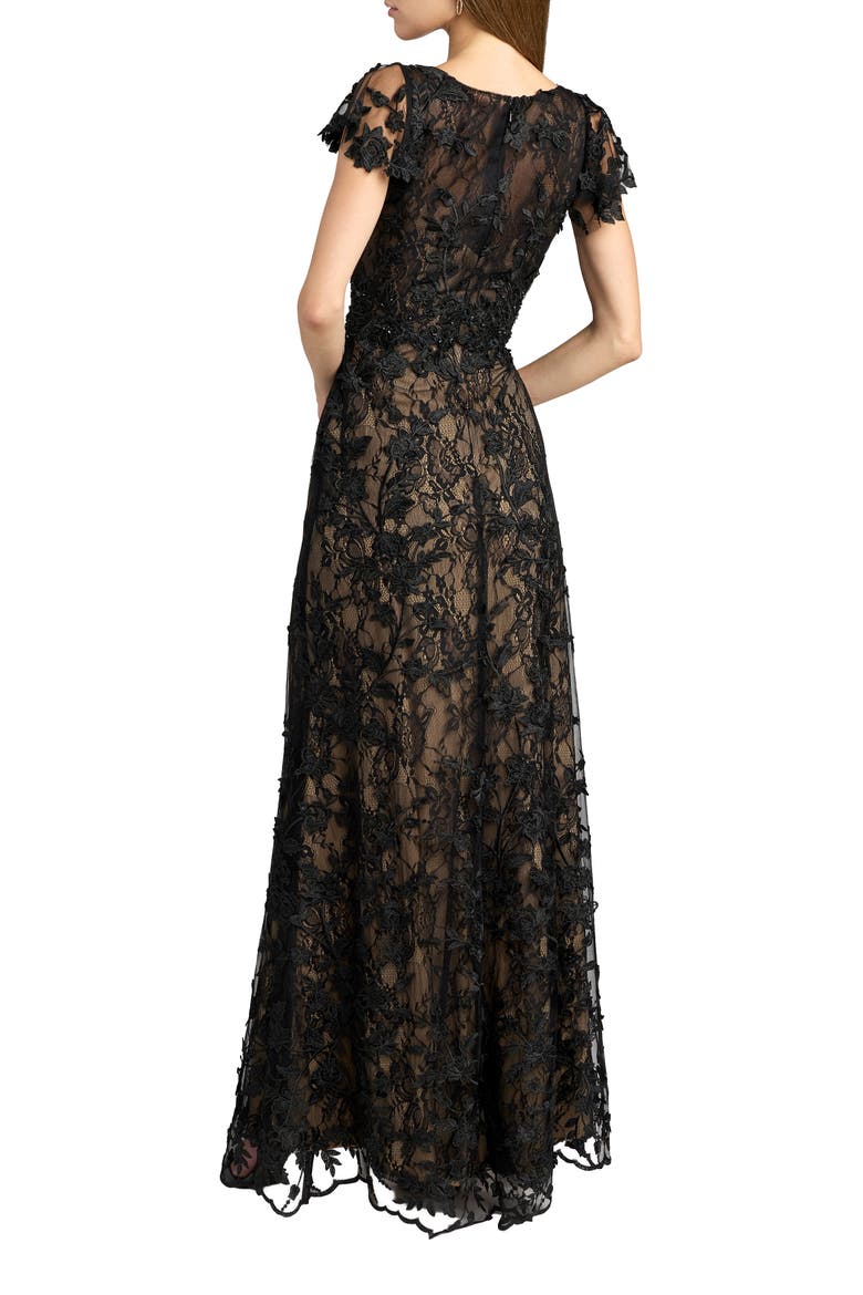Embroidered Applique Wrap Over Flutter Sleeve Gown, Alternate, color, Black Nude