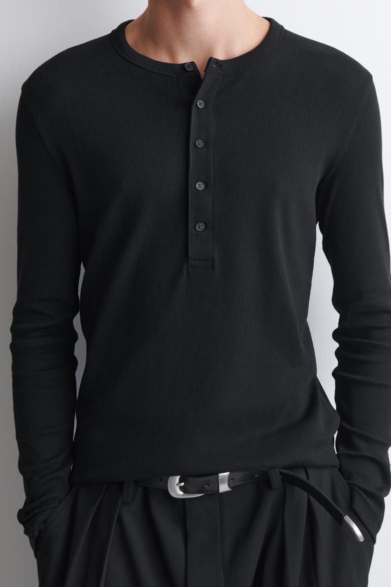 Slim Ribbed Cotton Long-sleeved Henley T-shirt, Alternate, color, BLACK