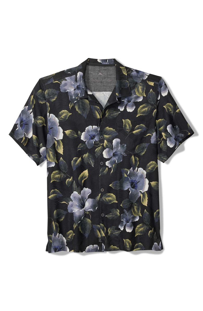 Tommy Bahama Elegant Eclipse Floral Silk Camp Shirt, Main, color, Black