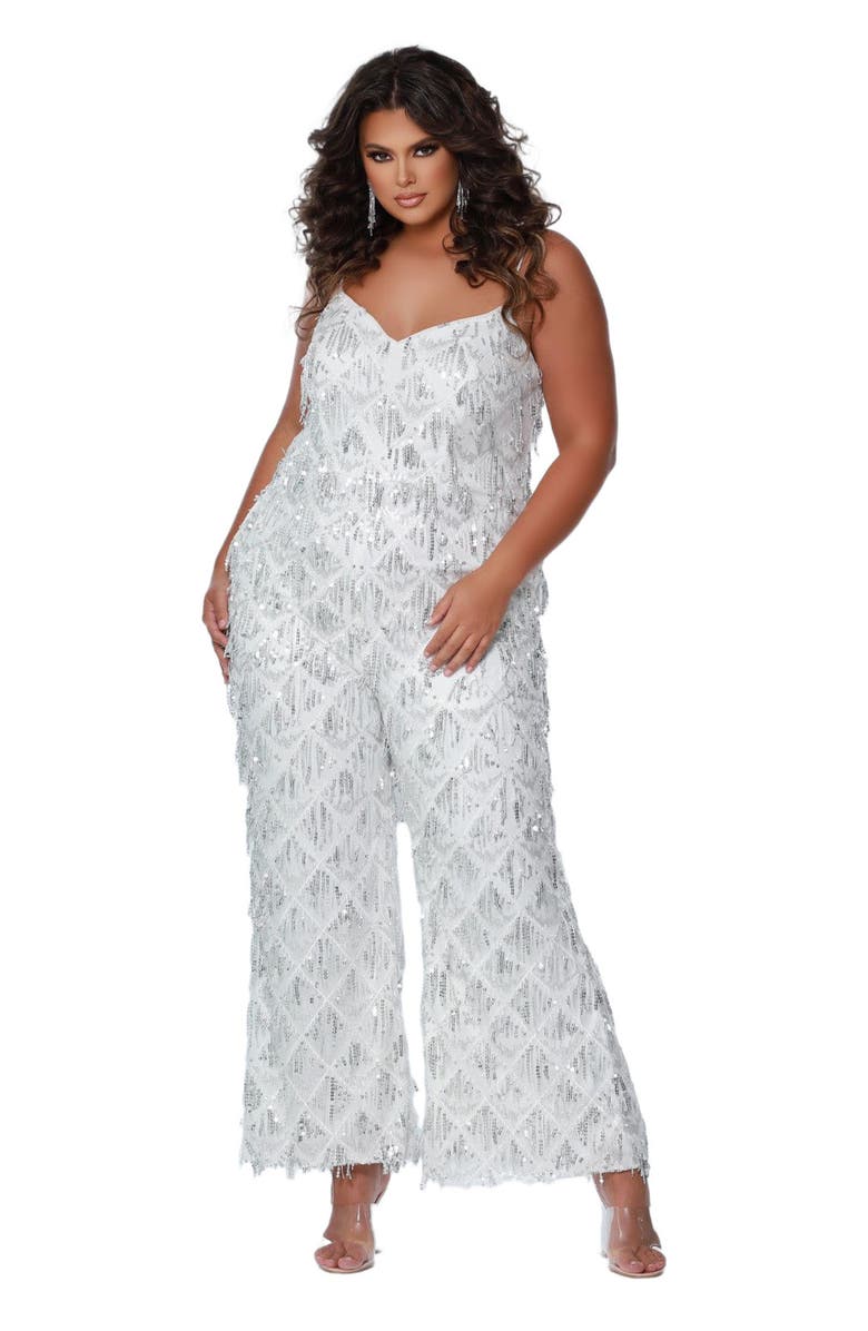 Sydney's Closet Spaghetti Strap Sequin fringe Plus Size Jumpsuit, Main, color, 