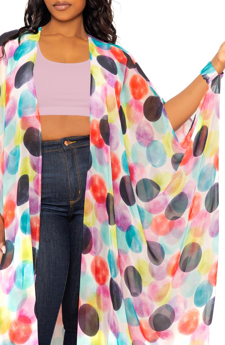 BUXOM COUTURE Polka Dot Print Chiffon Robe with Wrist Bands, Alternate, color, Violet Multi