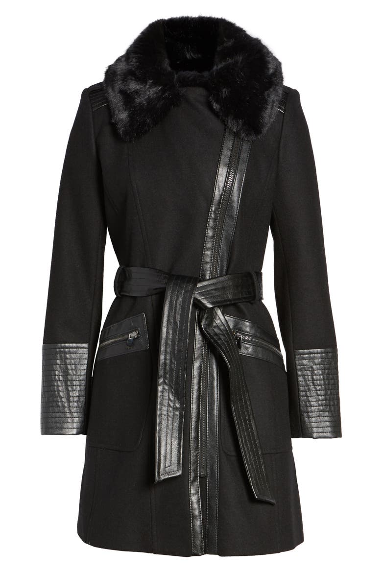 Faux Leather & Faux Fur Trim Belted Wool Blend Coat, Alternate, color, Z/DNUBLACK