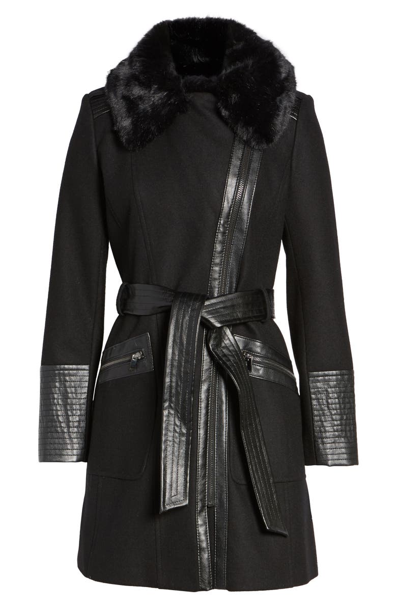 Via Spiga Faux Leather & Faux Fur Trim Belted Wool Blend Coat, Alternate, color, 
