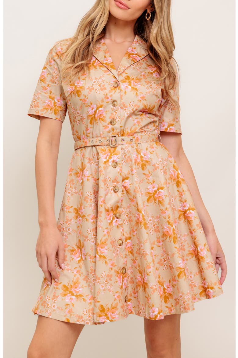 Floral Short Sleeve Fit & Flare Shirtdress, Alternate, color, TAUPE