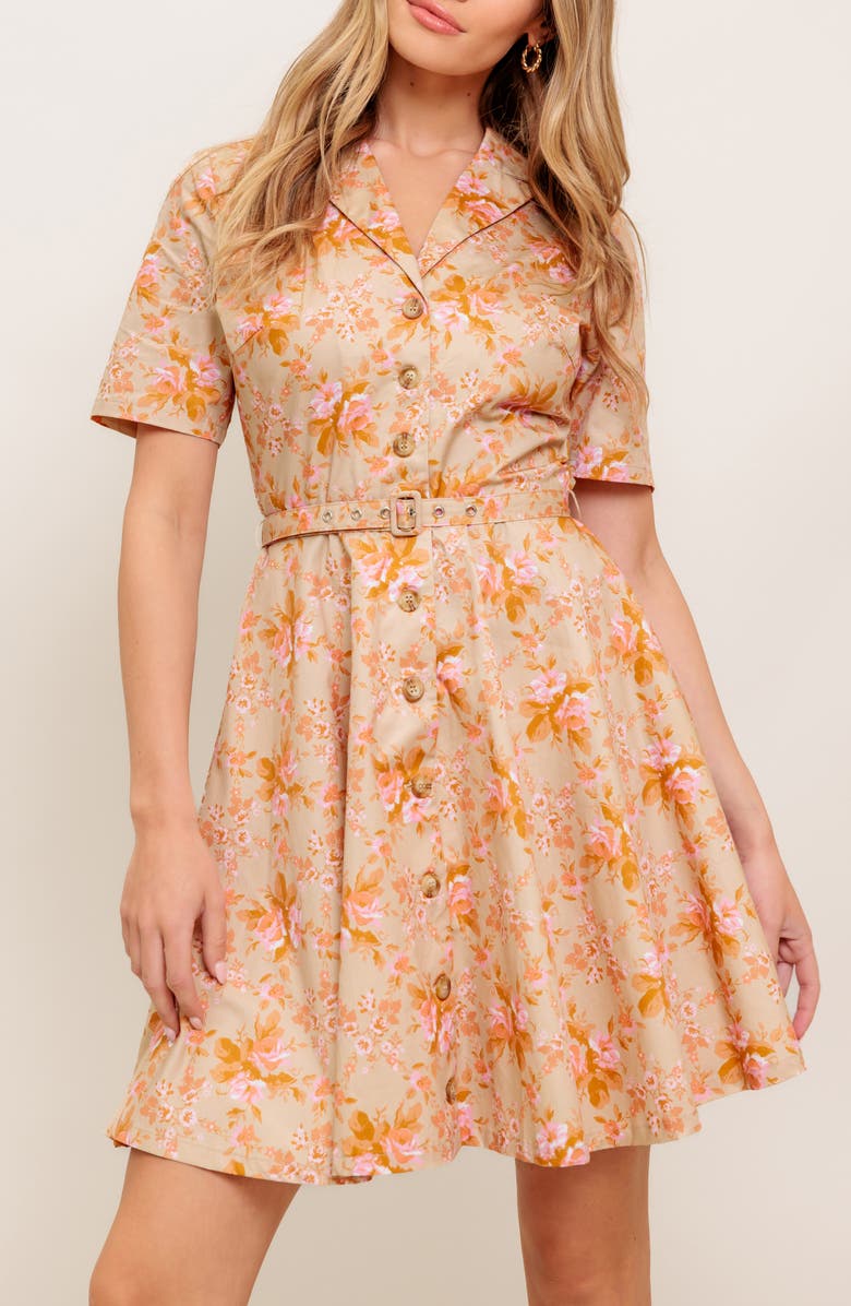 FLYING TOMATO Floral Short Sleeve Fit & Flare Shirtdress, Alternate, color, Taupe