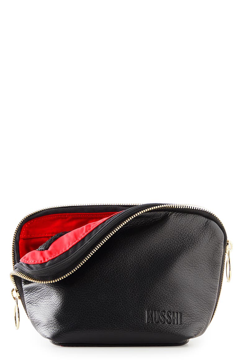 Everyday Leather Makeup Bag, Main, color, BLACK/ RED LEATHER