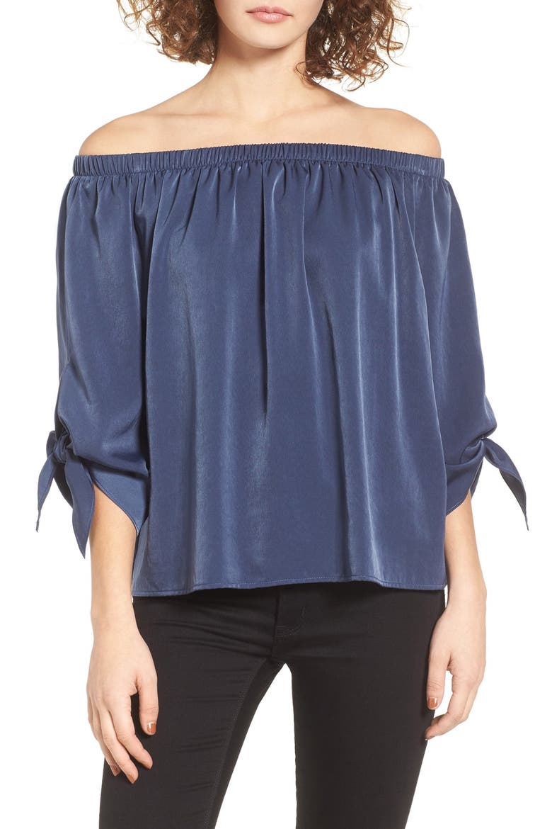 Tie Sleeve Off the Shoulder Top, Main, color, NAVY
