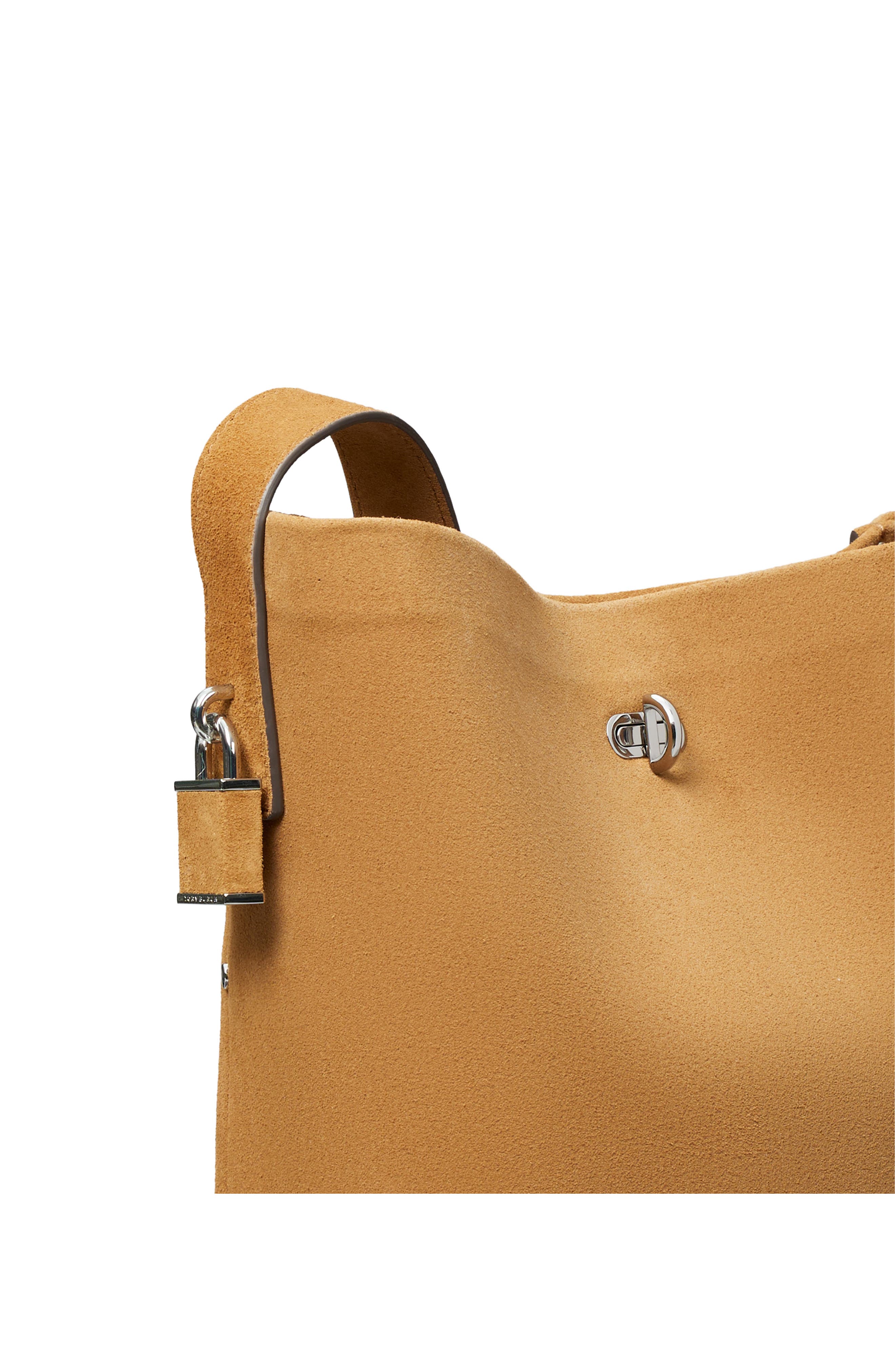Lock Medium Slim Suede Bucket Bag, Alternate, color, TOFFEE