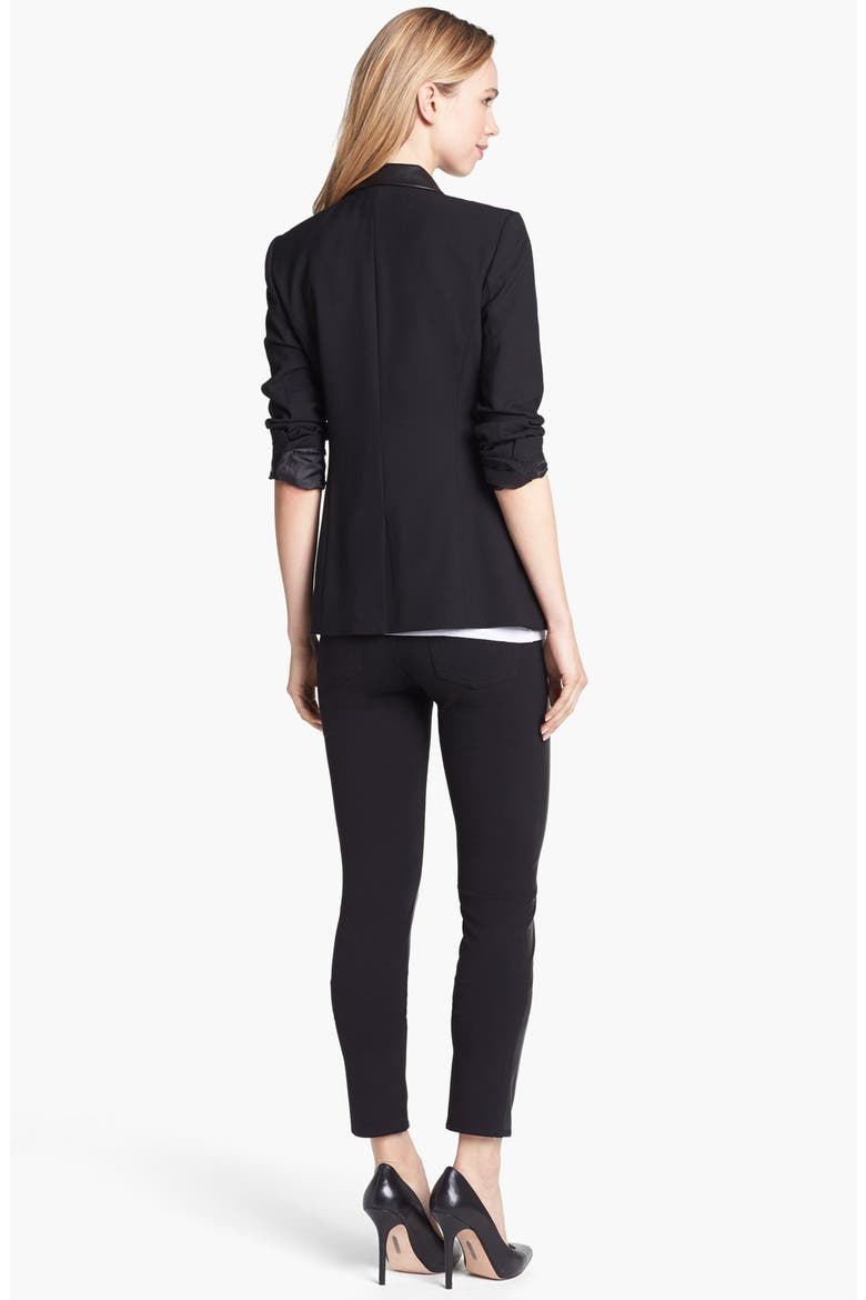 Faux Leather Trim Boyfriend Blazer, Alternate, color, RICH BLACK