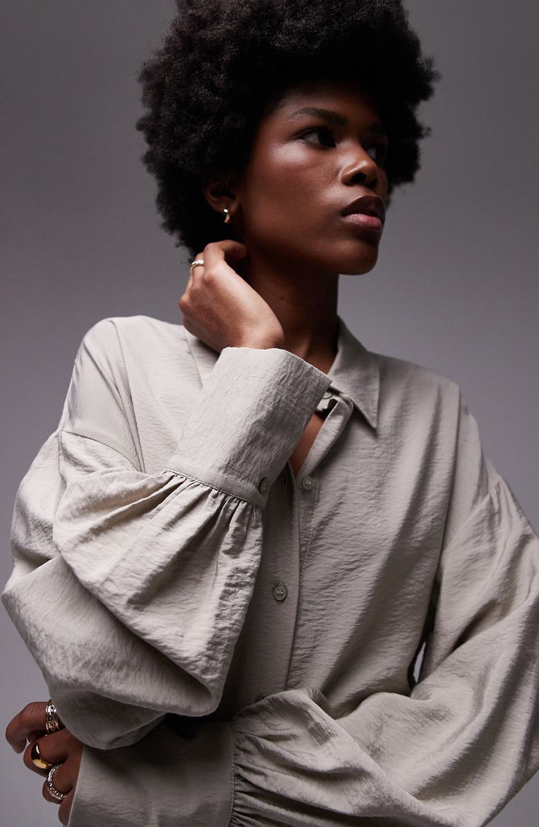 Topshop Textured Ruched Button-Up Shirt, Alternate, color, 